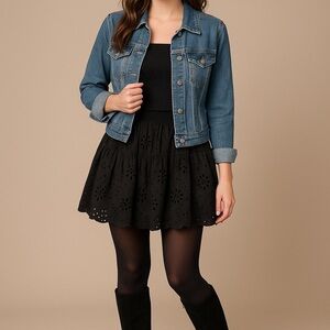 Boho Black Eyelet Mini Skort Flirty Ruffle Hem Stretch Waist Trendy Fall Fit LG